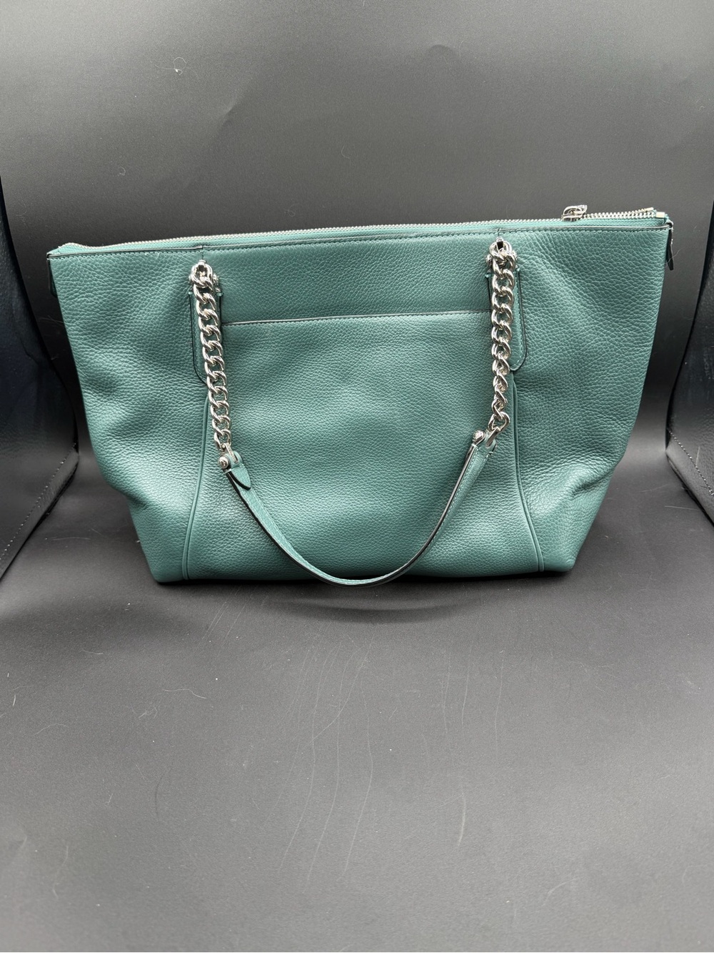 Coach Teal Pebbled Leather Tote Bag — Silver Chain Strap Shoulder Bag - Picture 4 of 8